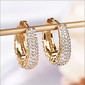Huitan Luxury Elegant Gold Color Hoop Earrings for Women Paved Dazzling CZ Stone